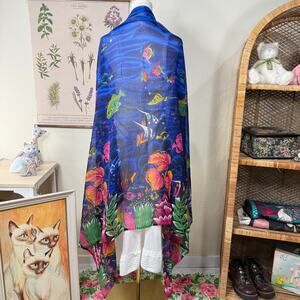 Vintage Large Semi Sheer Fish Ocean Print Shawl Wrap Cover Up Beach Tropical